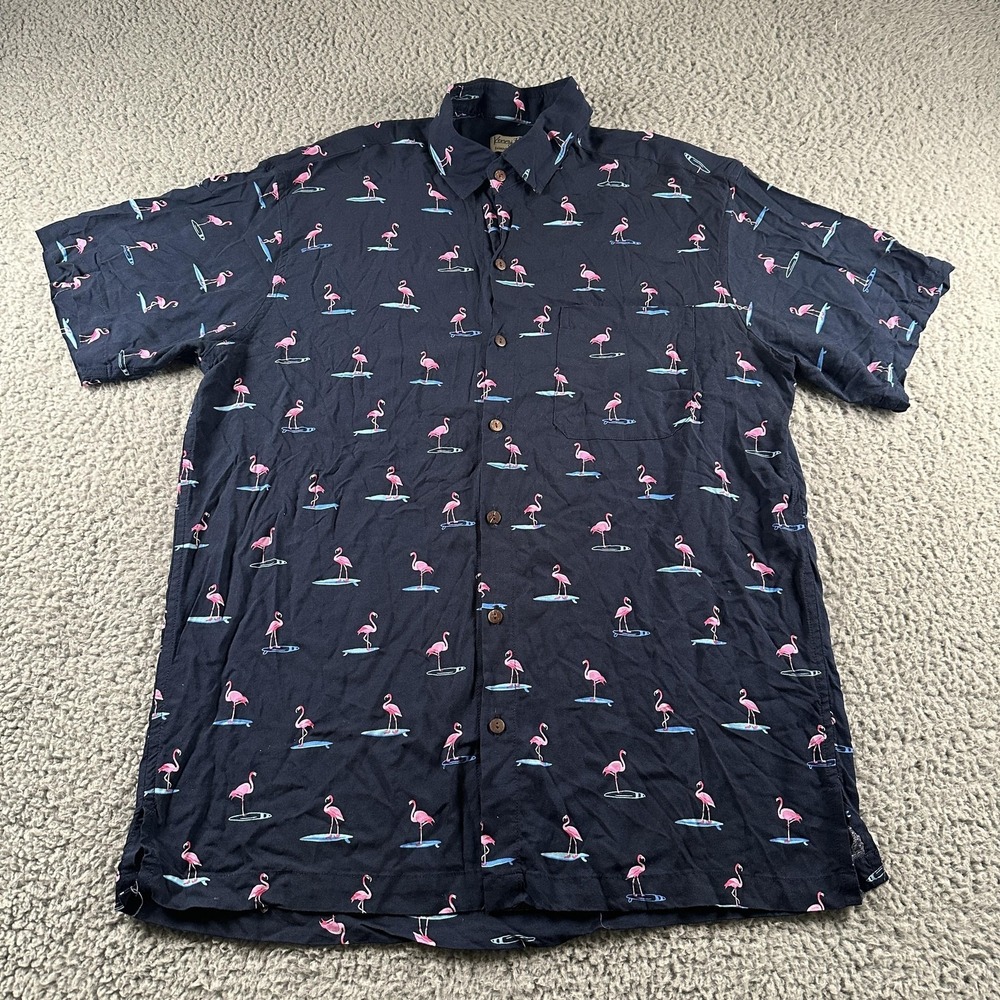 Kenny Flowers Shirt Mens XL Blue Rayon Short Sleeve Flamingo Button Up Casual
